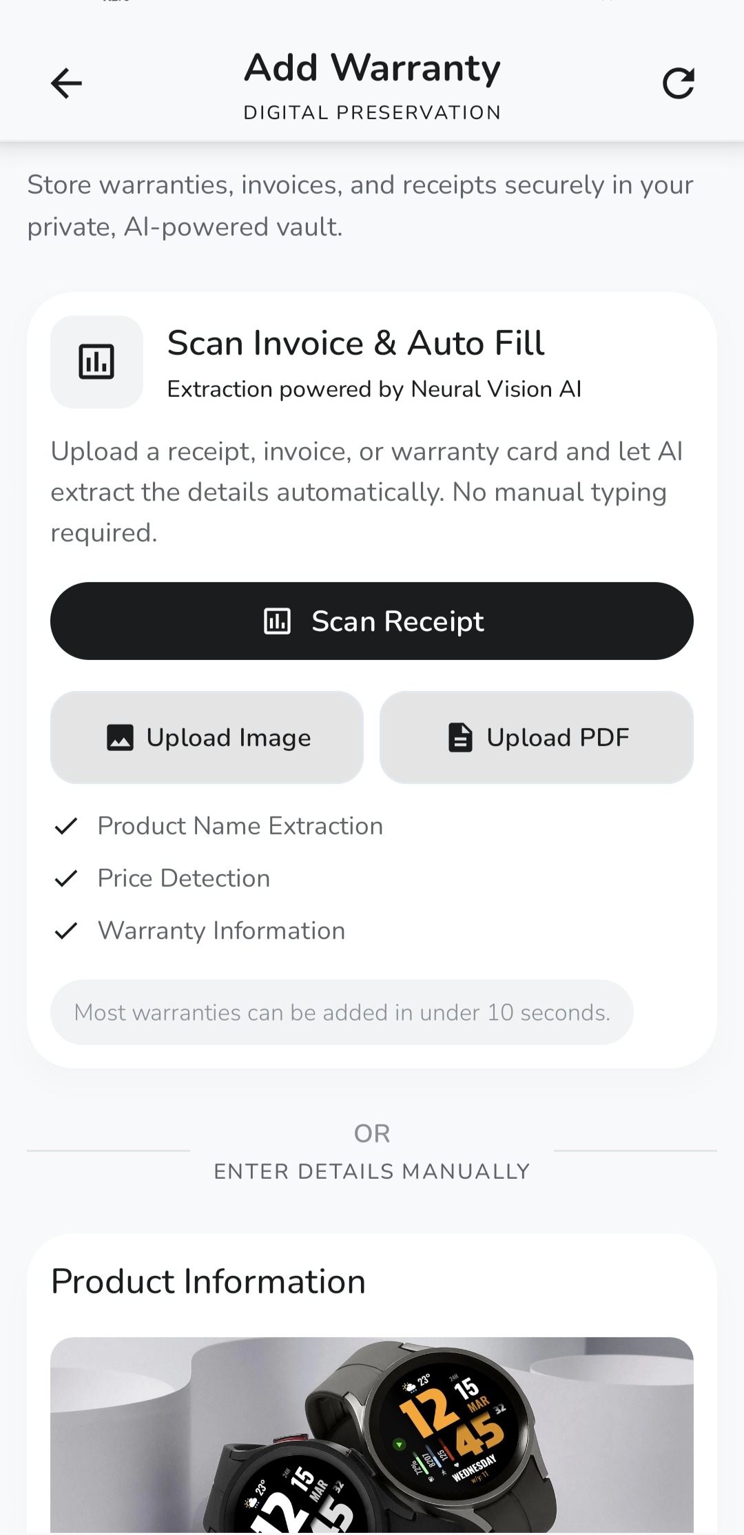 Wornivo AI scan screen: scan invoice and auto-fill product name, price and warranty information