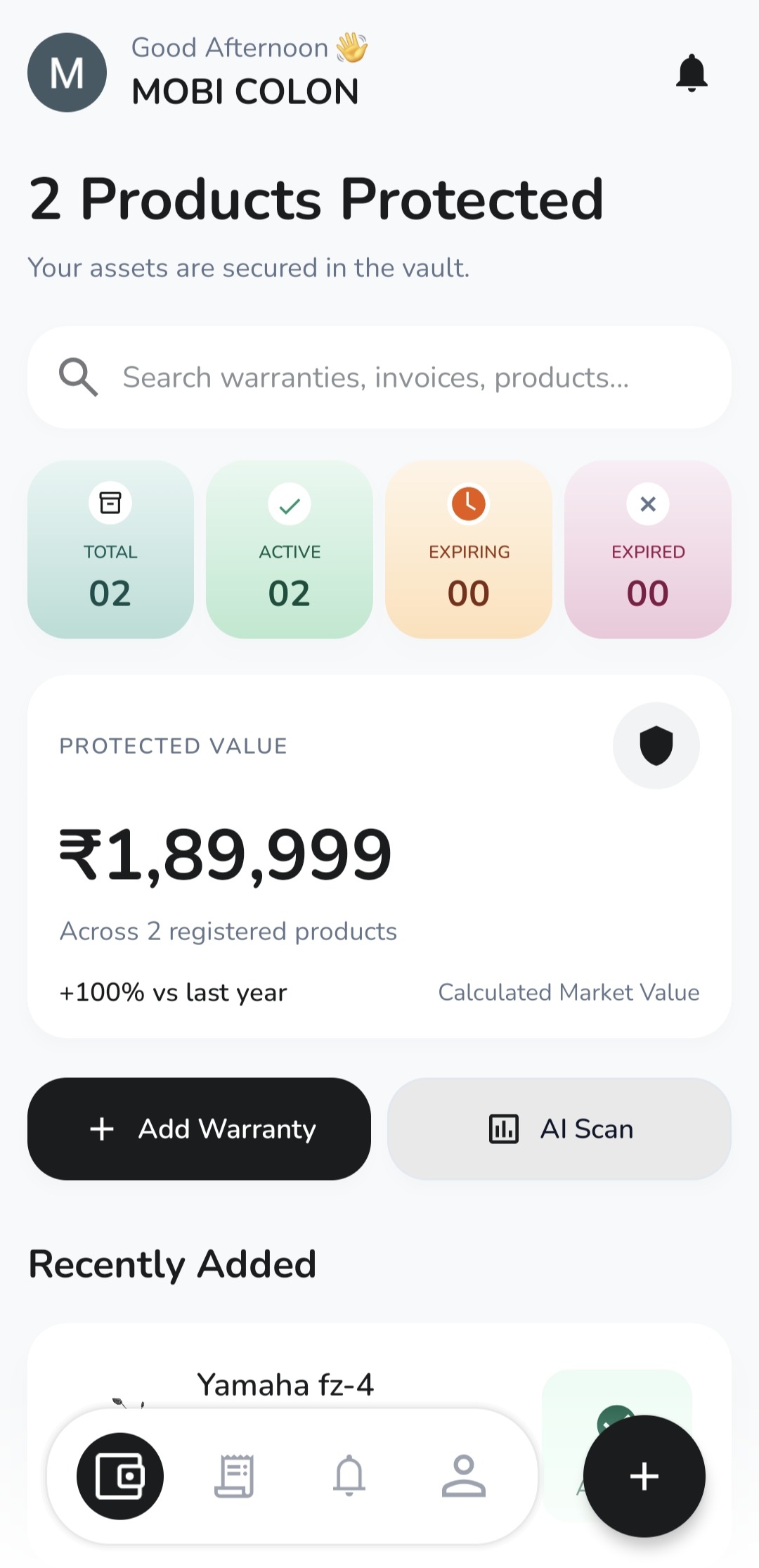 Wornivo Android app dashboard showing protected products, warranty status and protected value
