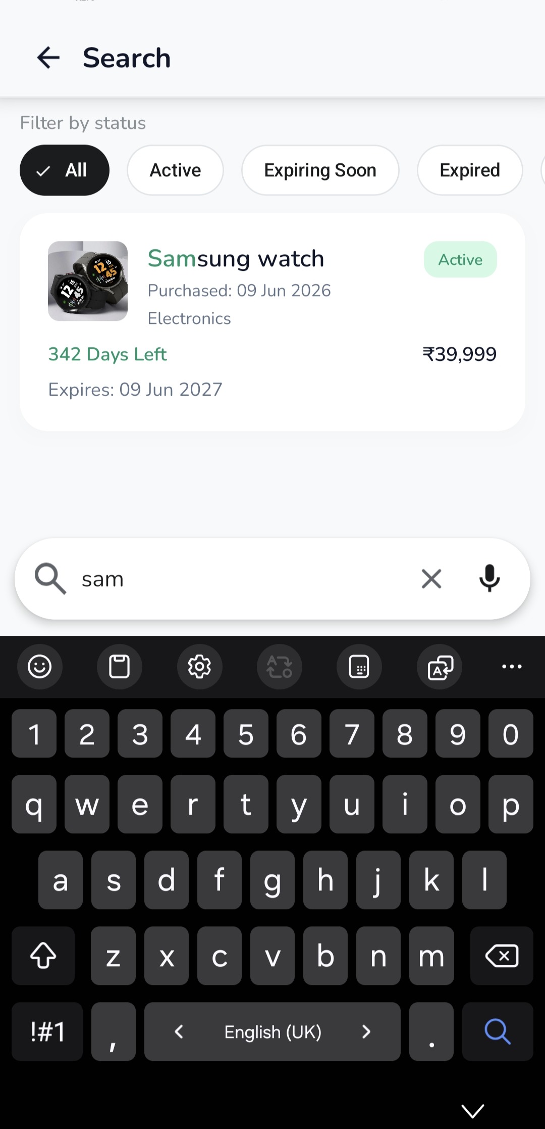 Wornivo search screen filtering warranties by status