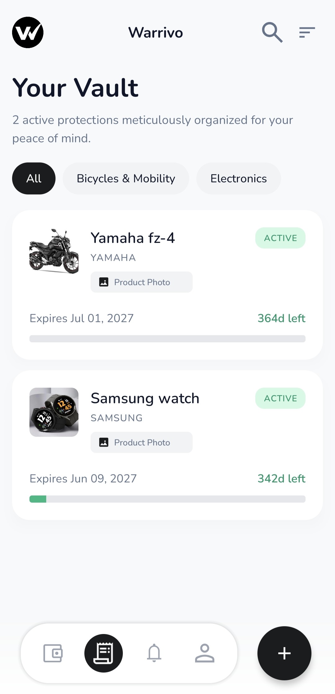 Wornivo vault listing active warranties with expiry dates and days remaining