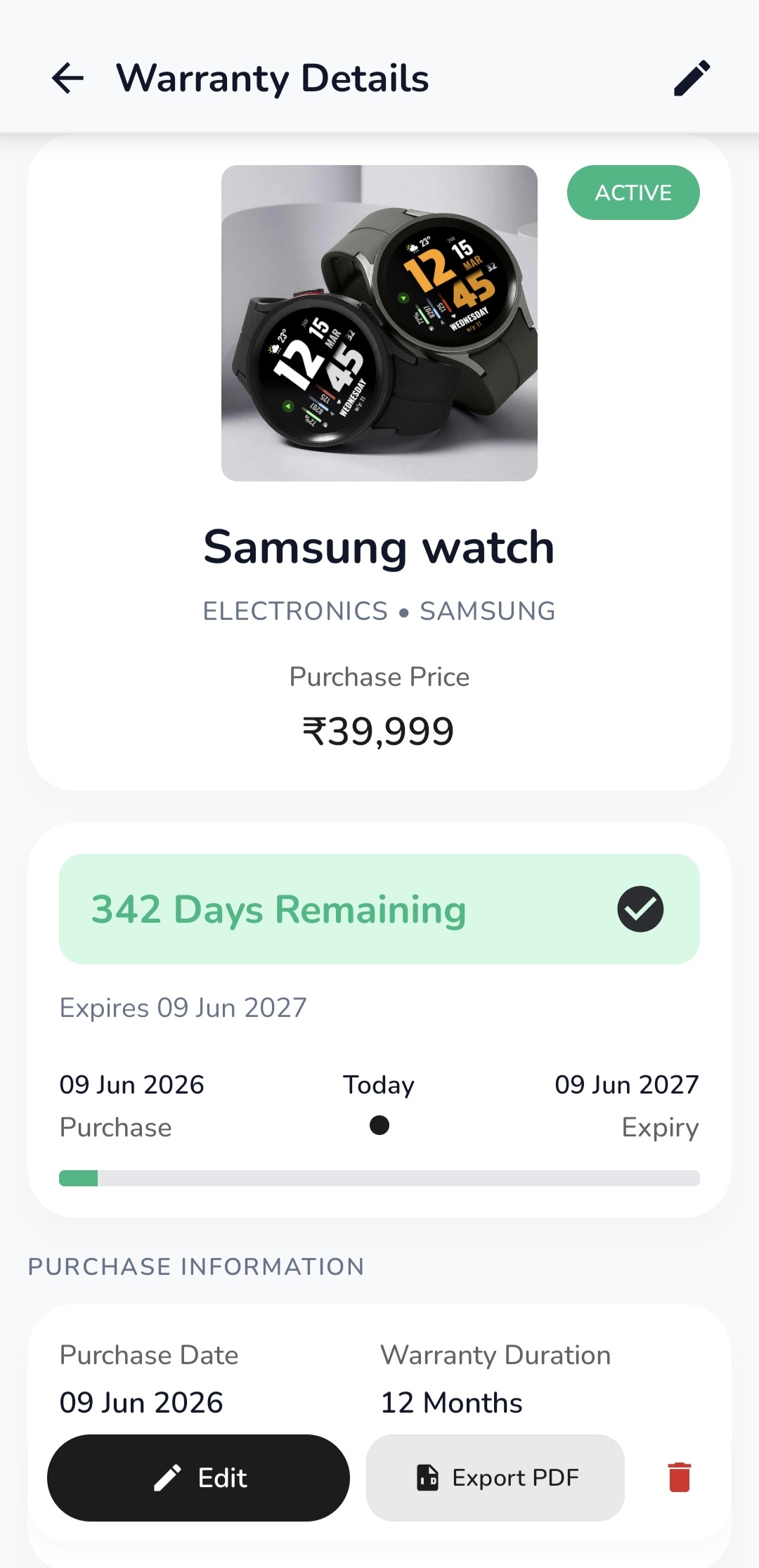 Wornivo warranty details screen with days remaining, purchase information and PDF export